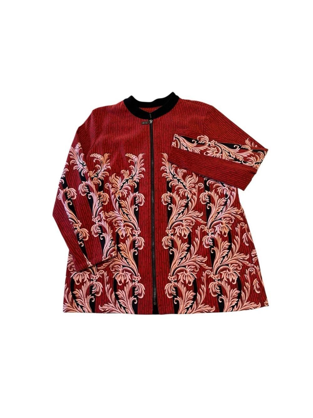 Bob Mackie Wearable Art Zip Floral Jacket Blazer Womens Medium Red Black Hippie